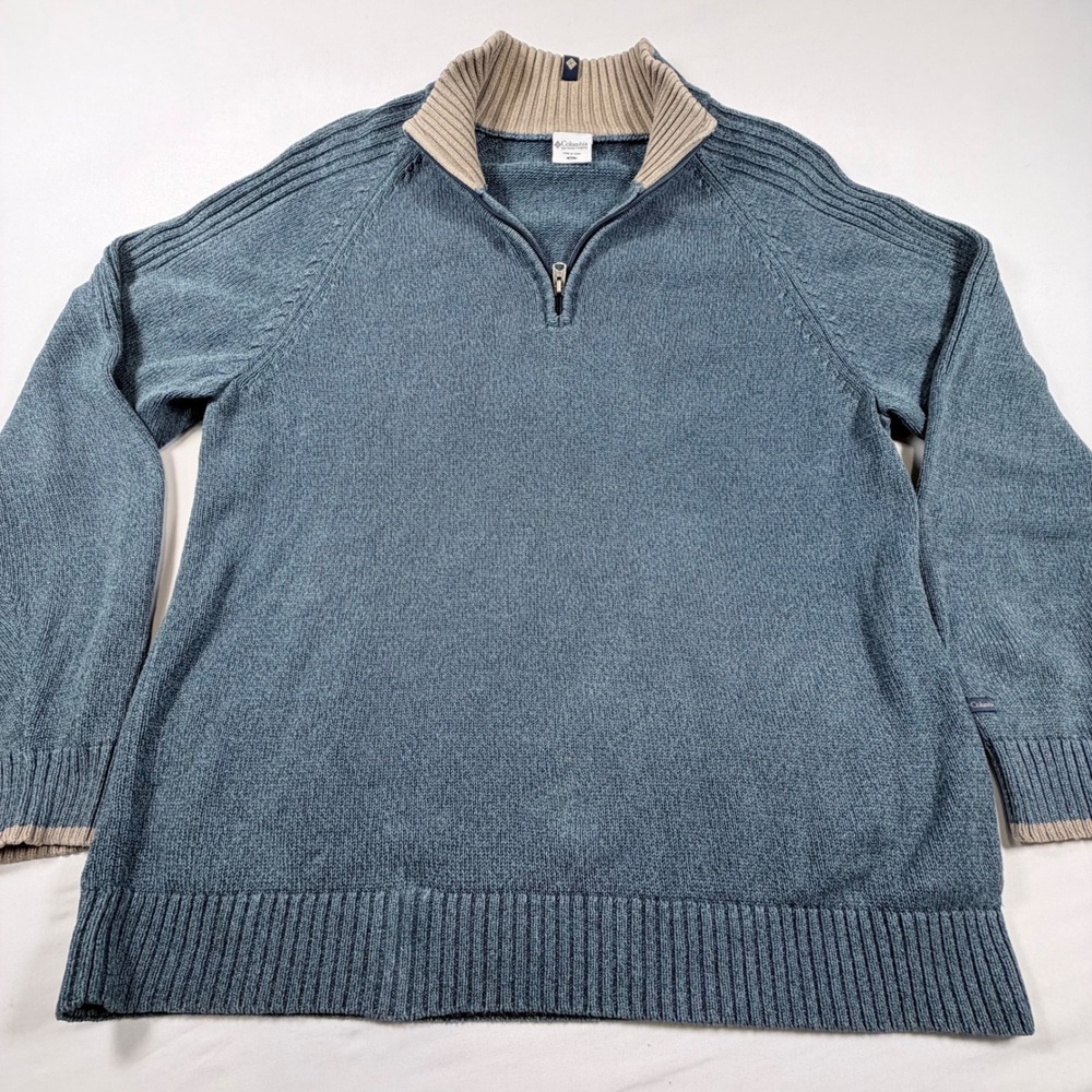 Columbia Sweater Mens XL Blue‎ Quarter Zip Heavy Knit Cotton Pullover Outdoor